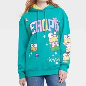 Sanrio Keroppi Graphic Hoodie Sweatshirt Fuzzy Lined Green Oversized Size XS